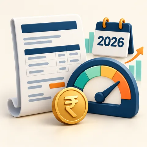 A digital invoice beside a threshold gauge with a rupee coin
