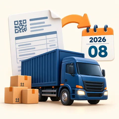 A delivery truck with a shipping document and curved update arrow