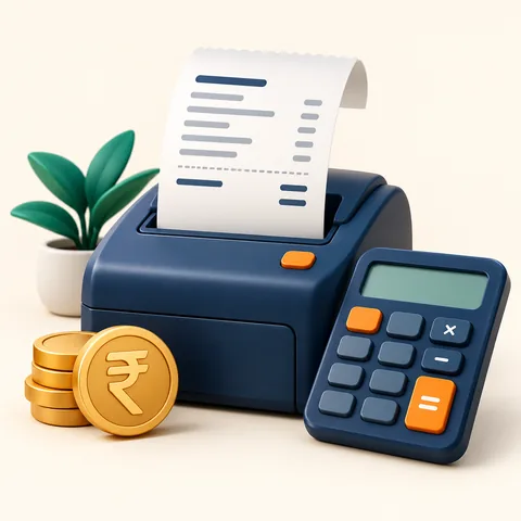 A receipt printer producing a receipt beside a calculator and rupee coin