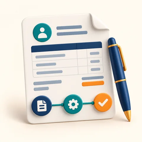 An invoice sheet with three connected step dots and a pen