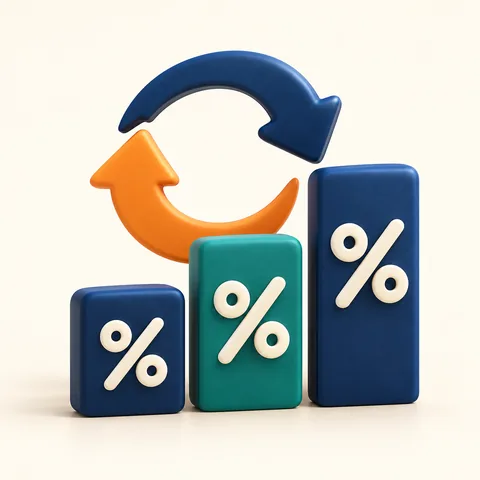 Three upright percentage-symbol tiles of different heights and a refresh arrow
