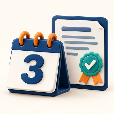 A desk calendar showing only the numeral 3 beside a certificate with a check seal