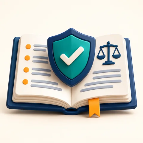 An open rulebook with a shield and check mark