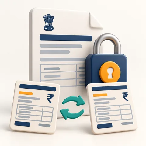 A tax return document secured with a padlock beside two matching invoice cards