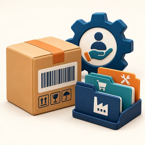 A parcel with barcode beside a services gear and classification folders