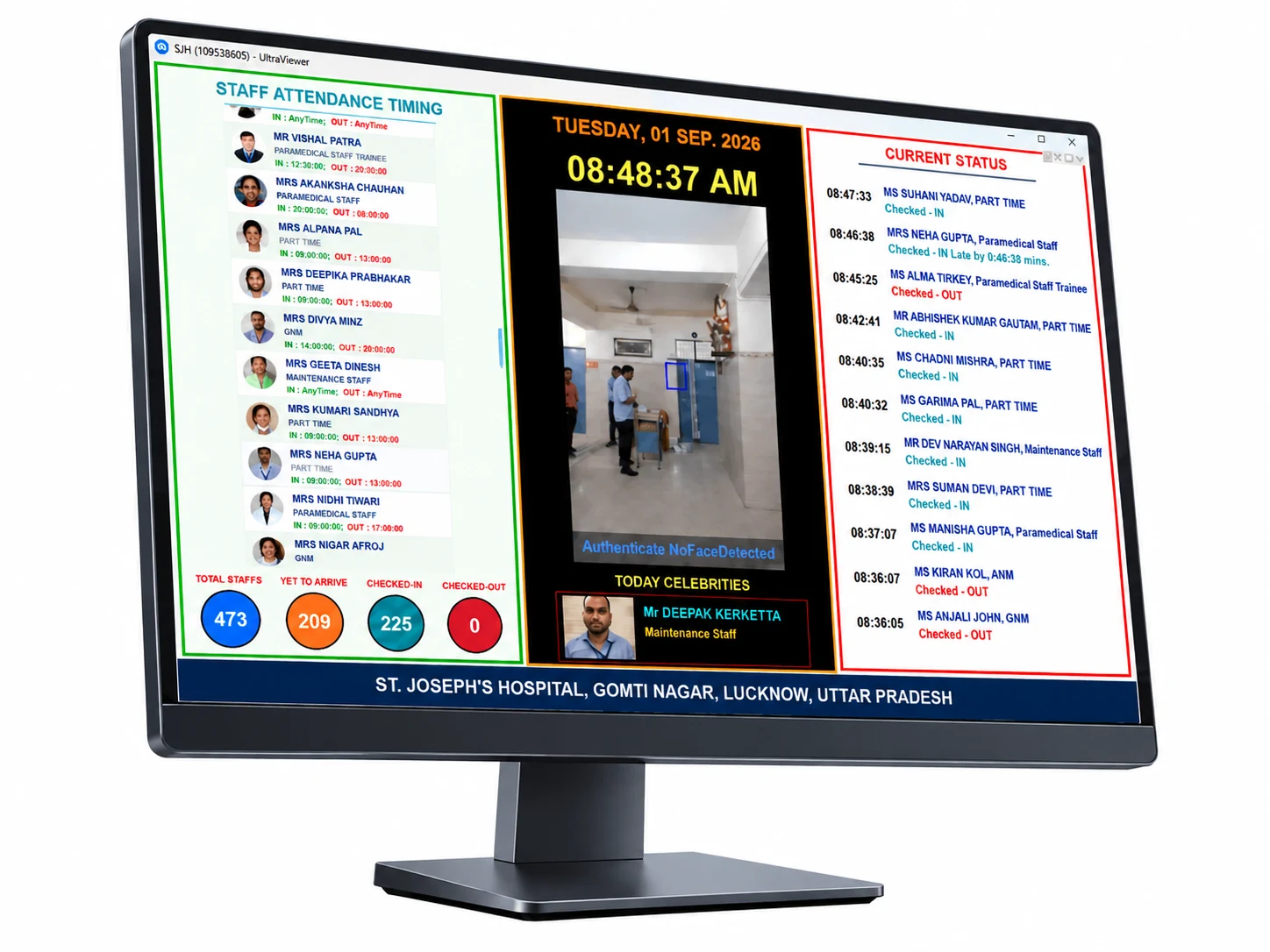 Computer displaying face recognition, staff shift timings, live check-in and check-out status, and birthday wishes