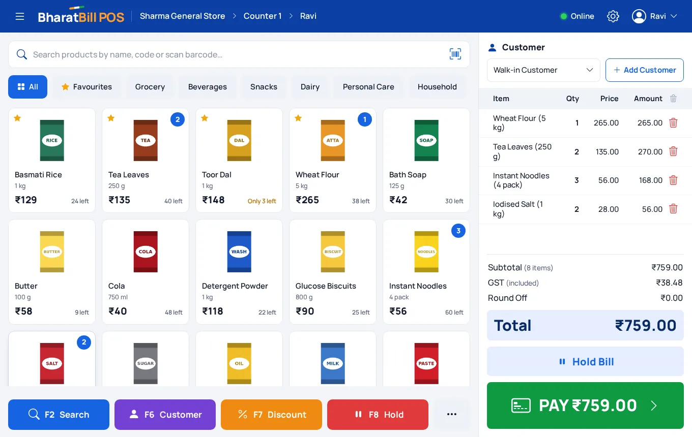 The BharatBill POS counter screen: product tiles on the left, the customer’s bill and the Pay button on the right