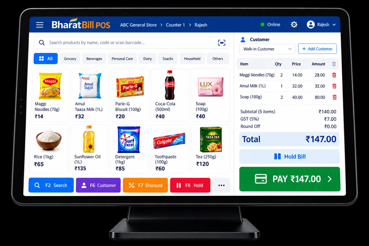BharatBill POS tablet with grocery products, barcode search and customer billing